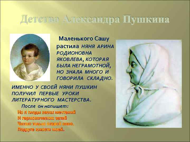 Детство Александра Пушкина Маленького Сашу растила НЯНЯ АРИНА РОДИОНОВНА ЯКОВЛЕВА, КОТОРАЯ БЫЛА НЕГРАМОТНОЙ, НО