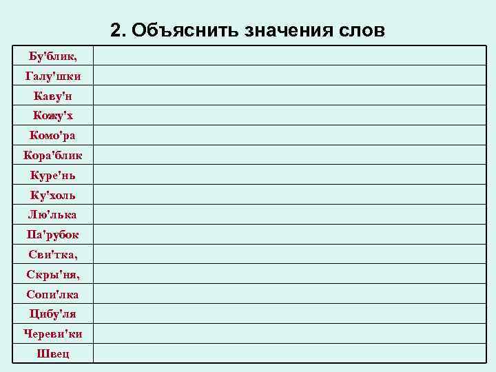 2. Объяснить значения слов Бу'блик, Галу'шки Каву'н Кожу'х Комо'ра Кора'блик Куре'нь Ку'холь Лю'лька Па'рубок