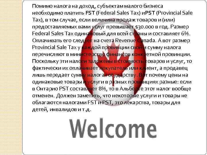 Помимо налога на доход, субъектам малого бизнеса необходимо платить FST (Federal Sales Tax) и.