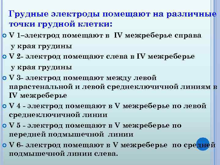 Грудные электроды помещают на различные точки грудной клетки: V 1–электрод помещают в IV межреберье