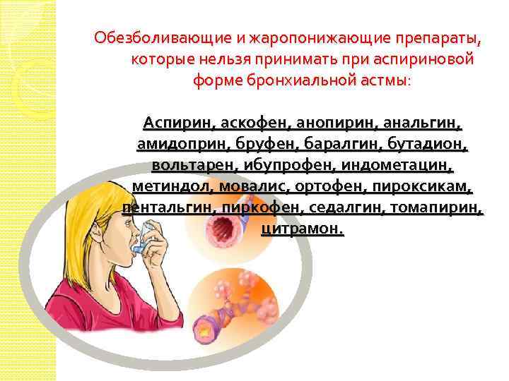 Обезболивающие и жаропонижающие препараты, которые нельзя принимать при аспириновой форме бронхиальной астмы: Аспирин, аскофен,