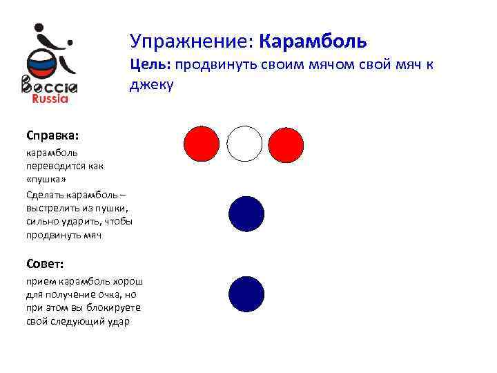 Упражнение: Карамболь Цель: продвинуть своим мячом свой мяч к джеку Справка: карамболь переводится как