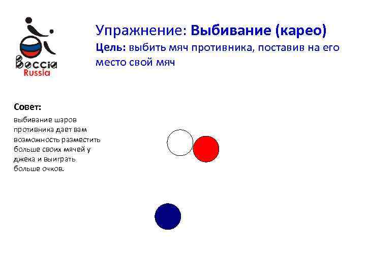Упражнение: Выбивание (карео) Цель: выбить мяч противника, поставив на его место свой мяч Совет: