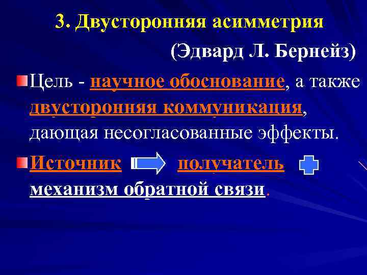 3. Двусторонняя асимметрия (Эдвард Л. Бернейз) Цель - научное обоснование, а также двусторонняя коммуникация,