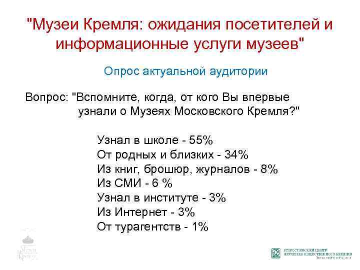 "Музеи Кремля: ожидания посетителей и информационные услуги музеев" Опрос актуальной аудитории Вопрос: "Вспомните, когда,