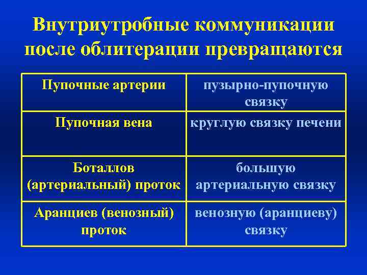 Внутриутробные коммуникации после облитерации превращаются Пупочные артерии Пупочная вена пузырно-пупочную связку круглую связку печени