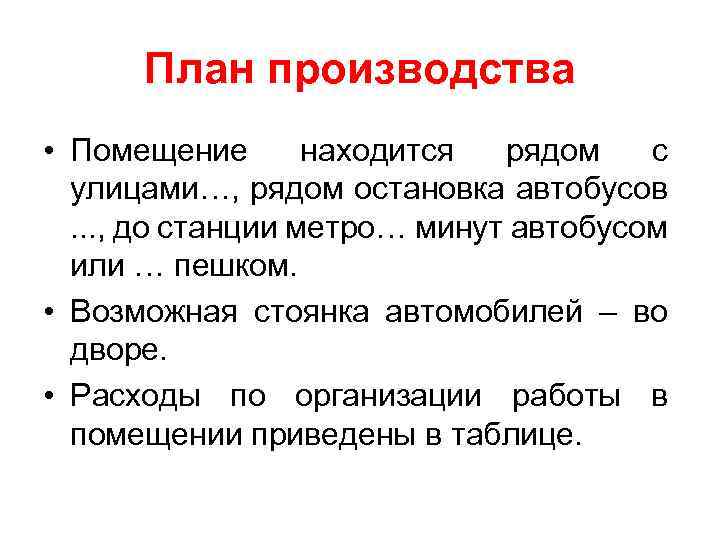 План производства • Помещение находится рядом с улицами…, рядом остановка автобусов. . . ,