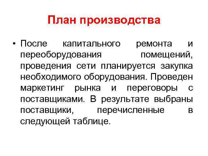 План производства • После капитального ремонта и переоборудования помещений, проведения сети планируется закупка необходимого