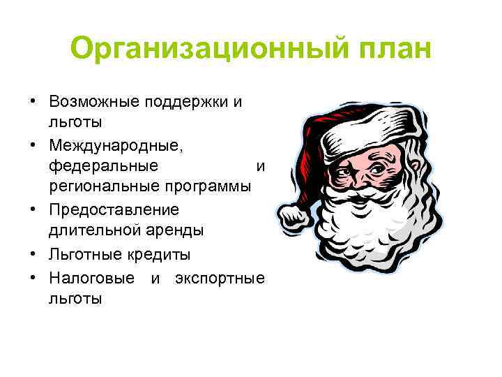 Организационный план • Возможные поддержки и льготы • Международные, федеральные и региональные программы •