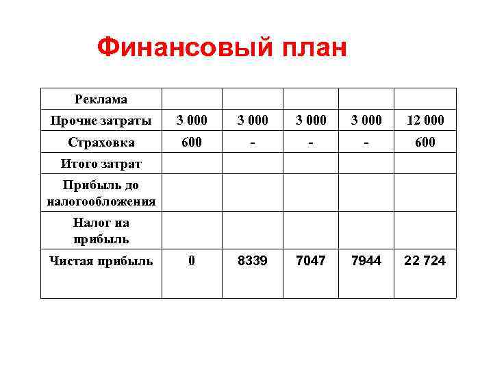 Финансовый план Реклама Прочие затраты 3 000 12 000 Страховка 600 - - -