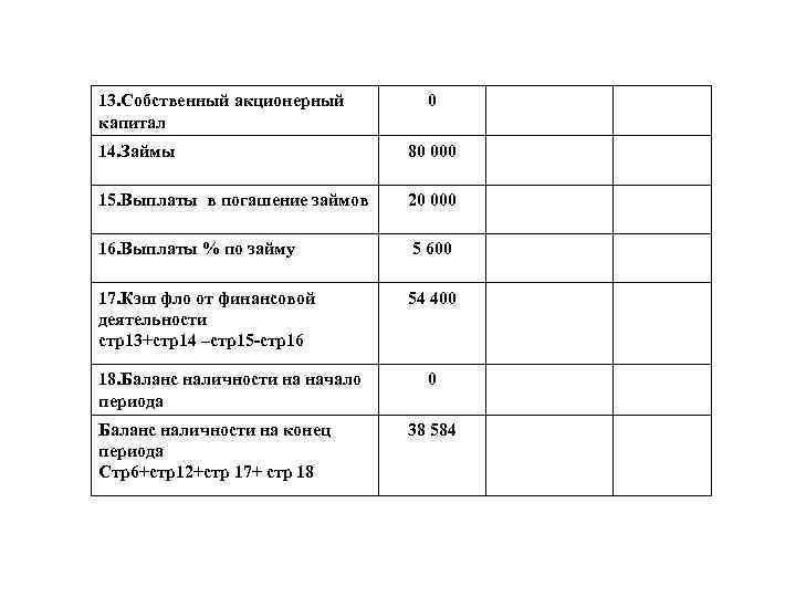 13. Собственный акционерный капитал 0 14. Займы 80 000 15. Выплаты в погашение займов