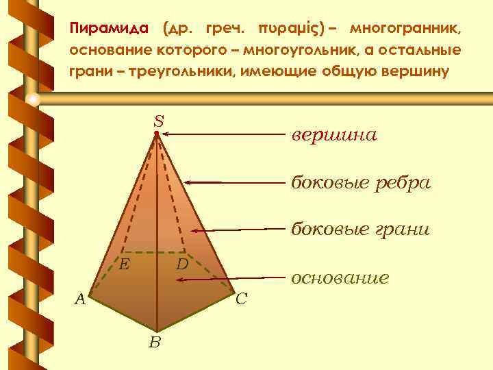 Пирамида (др. греч. πυραμίς) – многогранник, основание которого – многоугольник, а остальные грани –