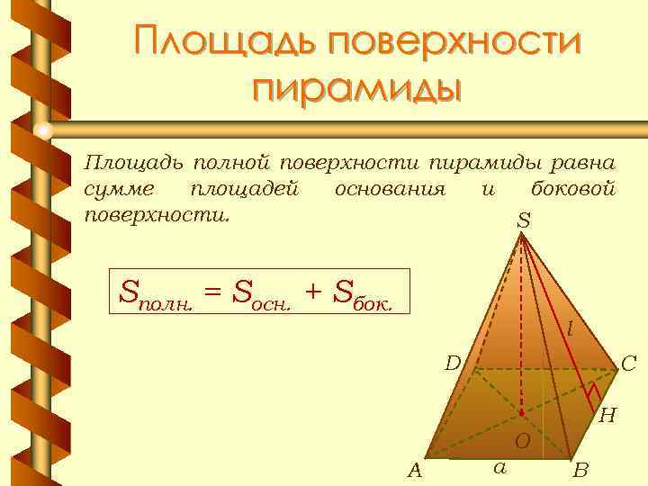 Площадь поверхности пирамиды Площадь полной поверхности пирамиды равна сумме площадей основания и боковой поверхности.