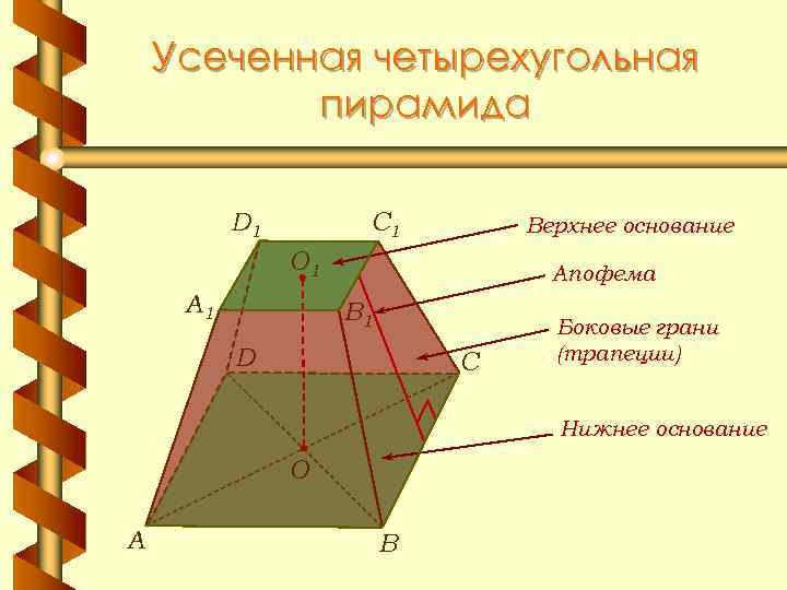 Усеченная четырехугольная пирамида D 1 C 1 Верхнее основание О 1 A 1 Апофема