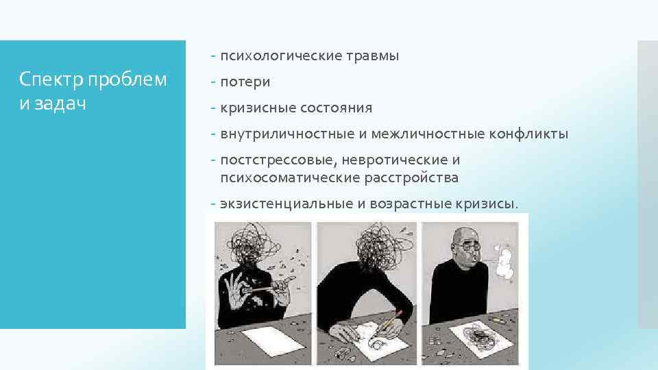 - психологические травмы Спектр проблем и задач - потери - кризисные состояния - внутриличностные