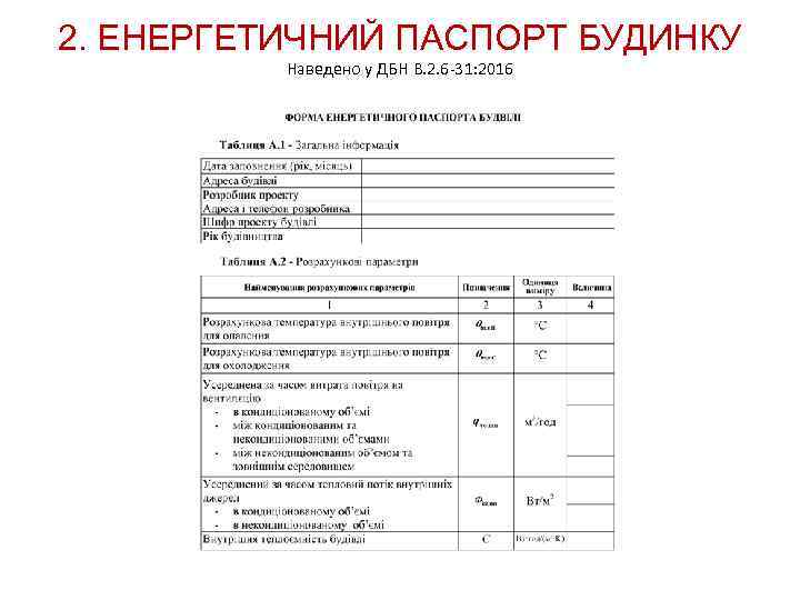 2. ЕНЕРГЕТИЧНИЙ ПАСПОРТ БУДИНКУ Наведено у ДБН В. 2. 6 -31: 2016 