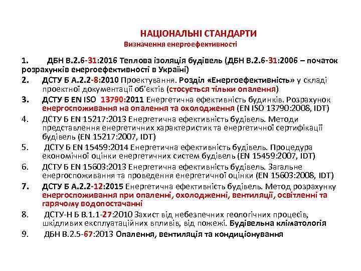 НАЦІОНАЛЬНІ СТАНДАРТИ Визначення енергоефективності 1. ДБН В. 2. 6 -31: 2016 Теплова ізоляція будівель