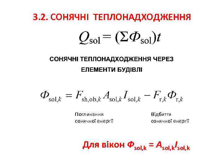 3. 2. СОНЯЧНІ ТЕПЛОНАДХОДЖЕННЯ Поглинання сонячної енергії Відбиття сонячної енергії Для вікон Фsol, k