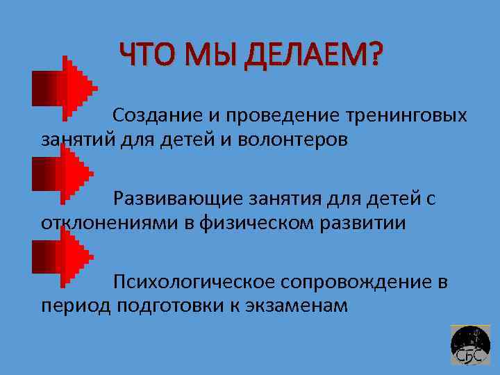 ЧТО МЫ ДЕЛАЕМ? Создание и проведение тренинговых занятий для детей и волонтеров Развивающие занятия