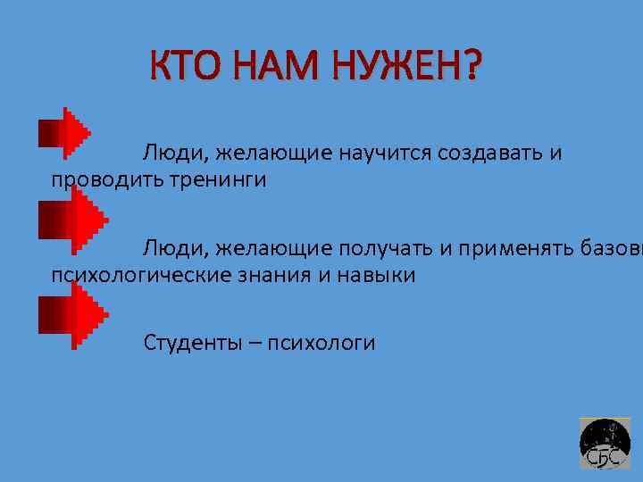 КТО НАМ НУЖЕН? Люди, желающие научится создавать и проводить тренинги Люди, желающие получать и