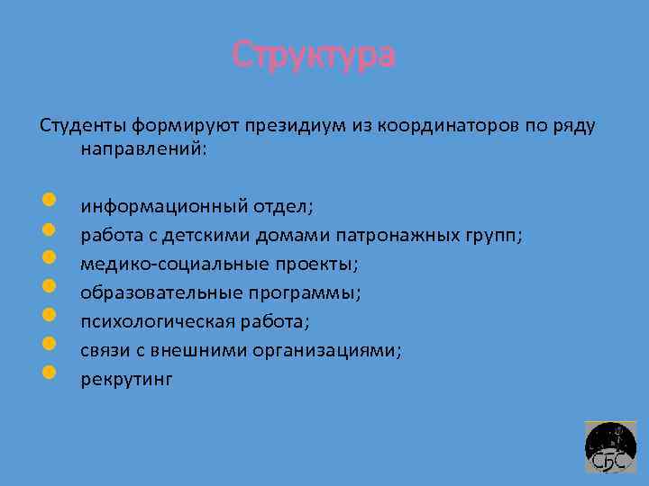 Структура Студенты формируют президиум из координаторов по ряду направлений: информационный отдел; работа с детскими