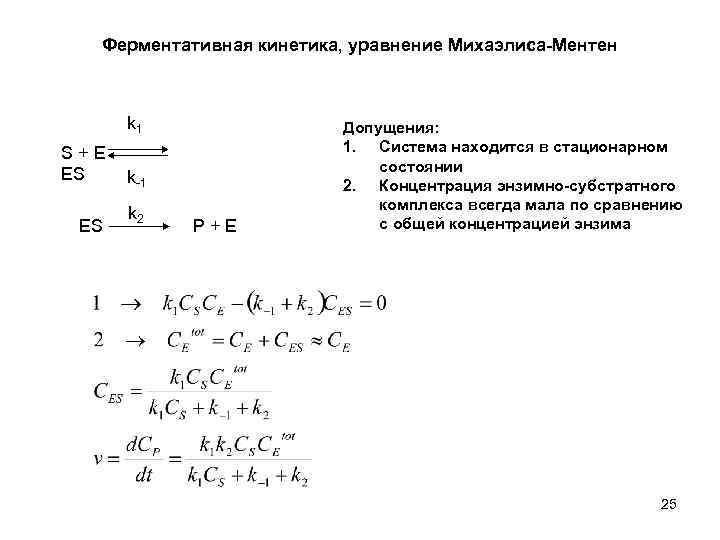 Ферментативная кинетика, уравнение Михаэлиса-Ментен k 1 S+E ES ES k-1 k 2 P+E Допущения: