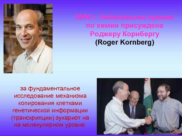 2006 г. Нобелевская премия по химии присуждена Роджеру Корнбергу (Roger Kornberg) за фундаментальное исследование
