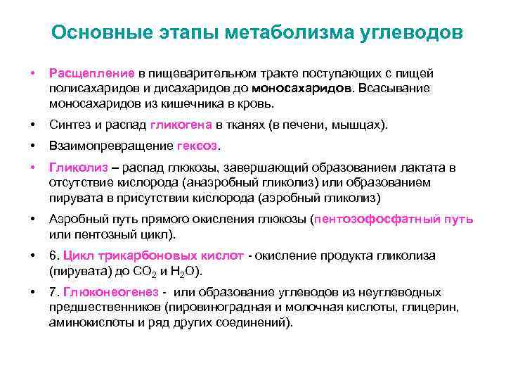 Основные этапы метаболизма углеводов • Расщепление в пищеварительном тракте поступающих с пищей полисахаридов и