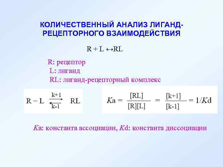 КОЛИЧЕСТВЕННЫЙ АНАЛИЗ ЛИГАНДРЕЦЕПТОРНОГО ВЗАИМОДЕЙСТВИЯ R + L ↔RL R: рецептор L: лиганд RL: лиганд-рецепторный