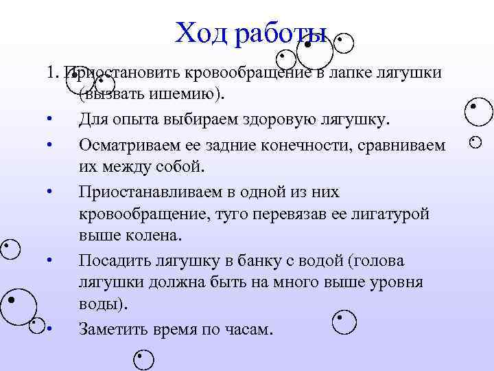 Ход работы 1. Приостановить кровообращение в лапке лягушки (вызвать ишемию). • Для опыта выбираем