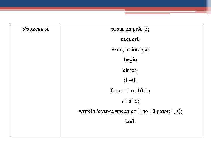 Уровень А program pr. A_3; uses crt; var s, n: integer; begin clrscr; S: