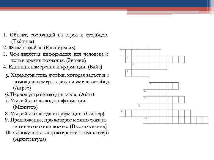 1. Объект, состоящий из строк и столбцов. (Таблица) 2. Формат файла. (Расширение) 3. Чем