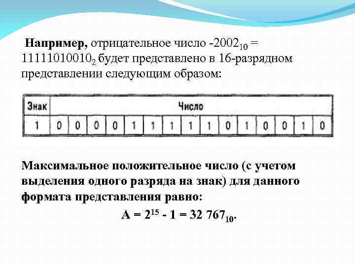  Например, отрицательное число -200210 = 111110100102 будет представлено в 16 -разрядном представлении следующим
