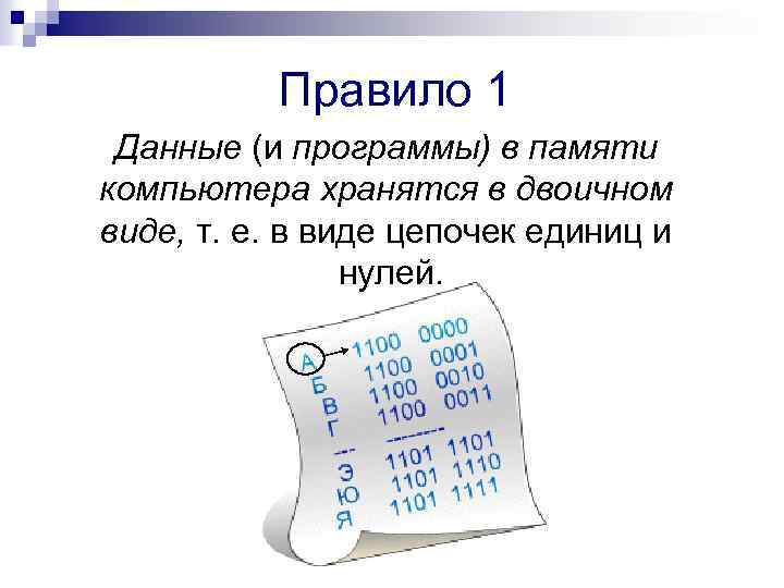 Правило 1 Данные (и программы) в памяти компьютера хранятся в двоичном виде, т. е.
