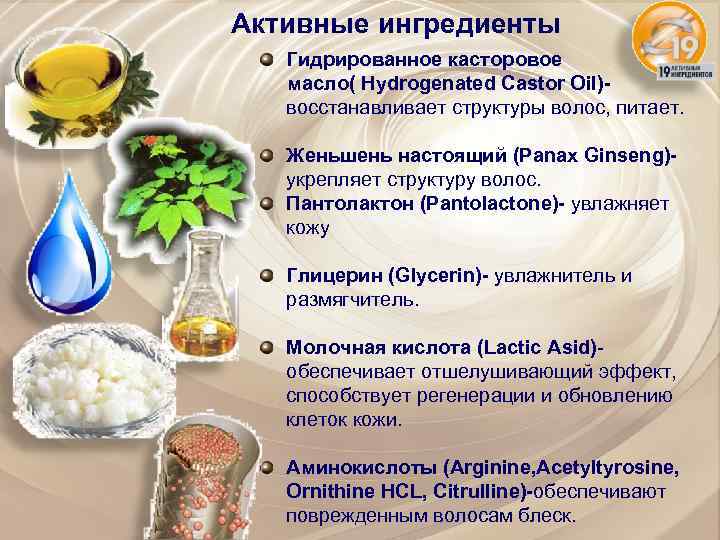 Активные ингредиенты Гидрированное касторовое масло( Hydrogenated Castor Oil)восстанавливает структуры волос, питает. Женьшень настоящий (Panax