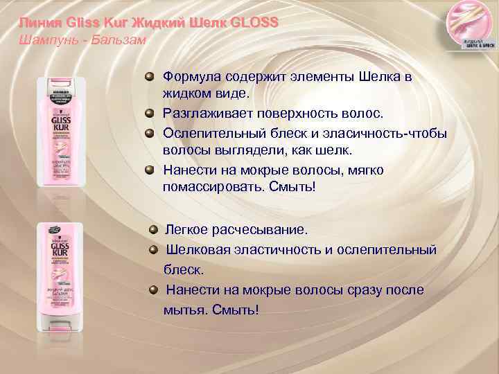 Линия Gliss Kur Жидкий Шелк GLOSS Шампунь - Бальзам Формула содержит элементы Шелка в