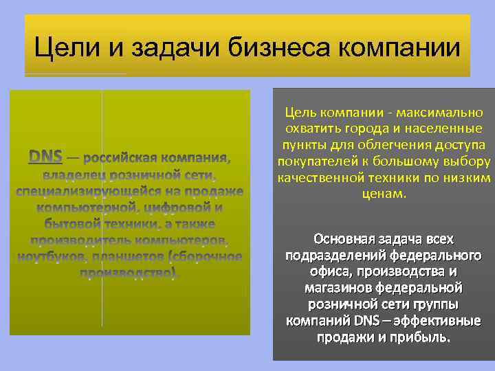 Цели и задачи бизнеса компании Цель компании - максимально охватить города и населенные пункты