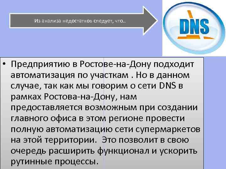 Из анализа недостатков следует, что. . • Предприятию в Ростове-на-Дону подходит автоматизация по участкам.