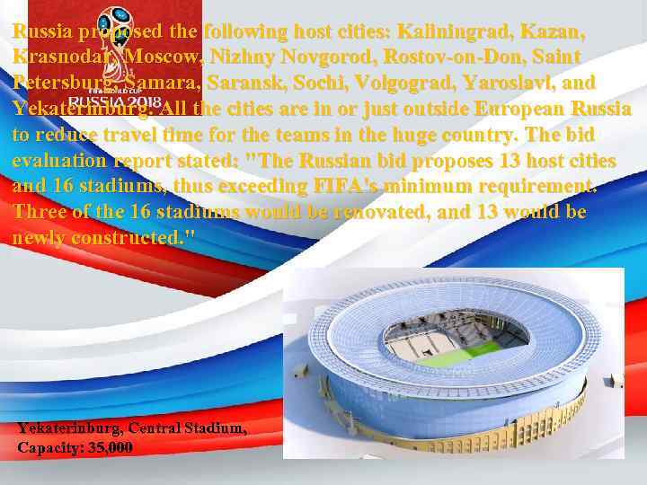 Russia proposed the following host cities: Kaliningrad, Kazan, Krasnodar, Moscow, Nizhny Novgorod, Rostov-on-Don, Saint