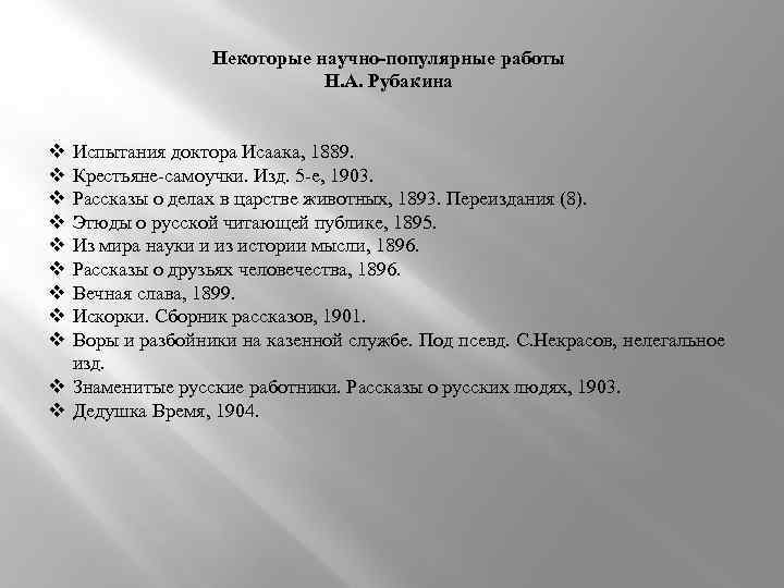 Некоторые научно‑популярные работы Н. А. Рубакина v v v v v Испытания доктора Исаака,