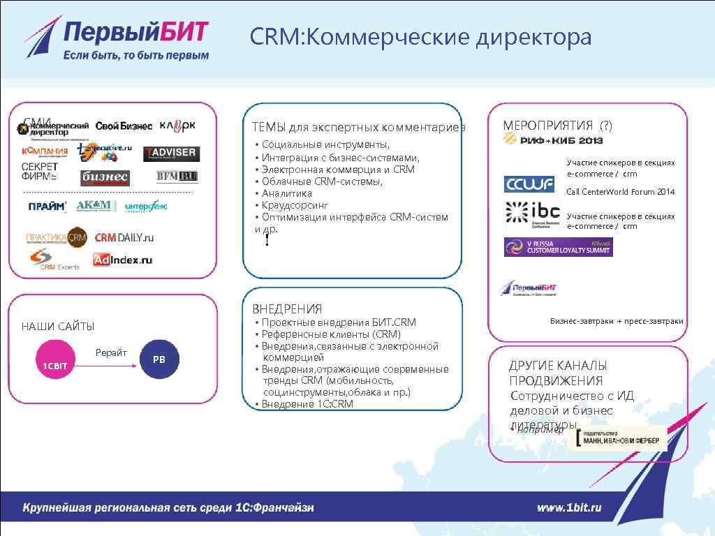 CRM: Коммерческие директора СМИ ТЕМЫ для экспертных комментариев • Социальные инструменты, • Интеграция с