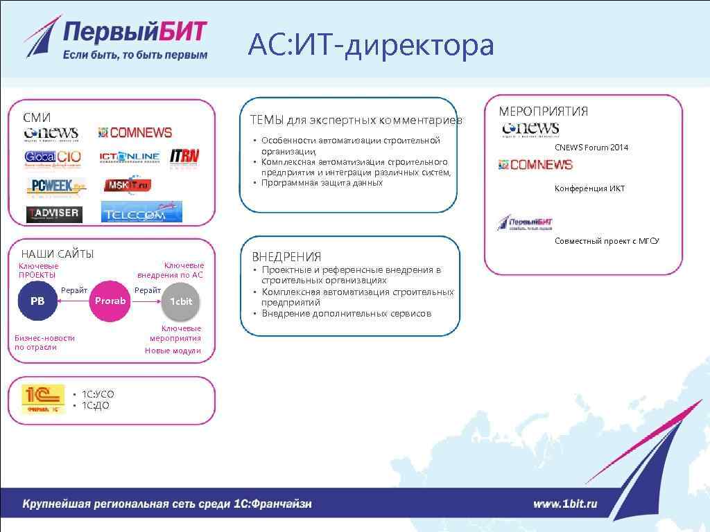 АС: ИТ-директора СМИ ТЕМЫ для экспертных комментариев • Особенности автоматизации строительной организации, • Комплексная