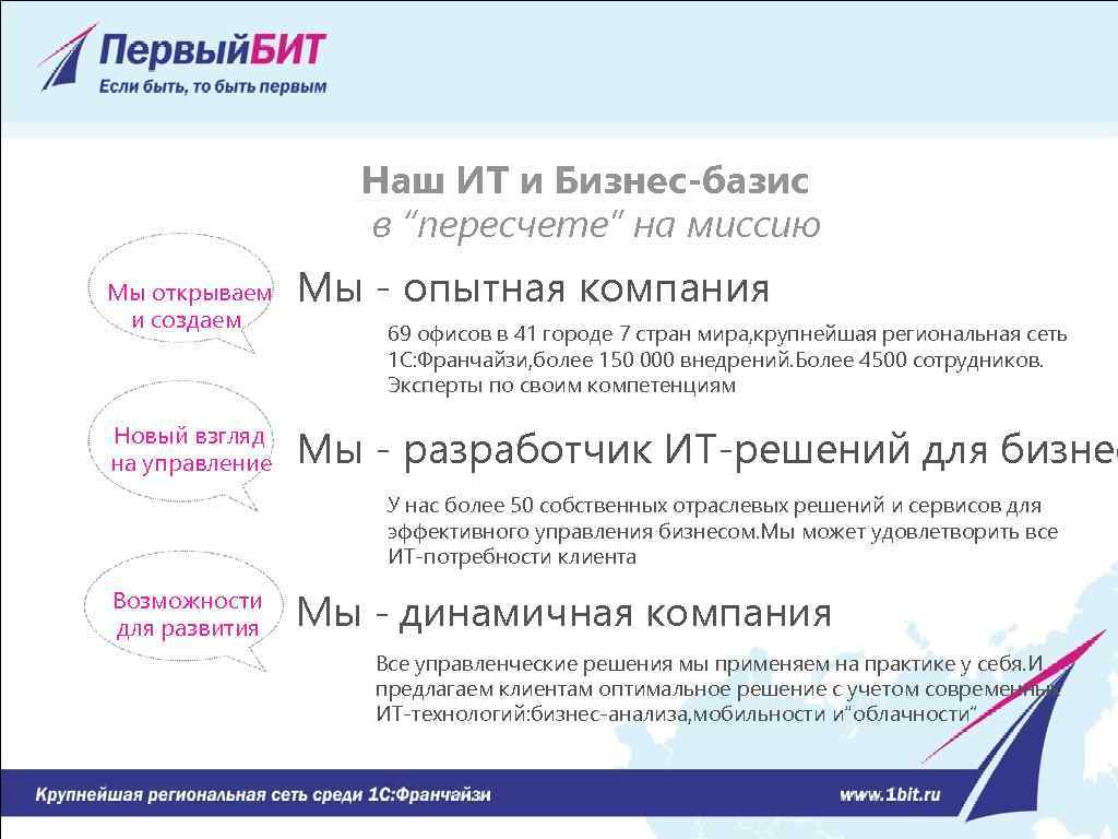 Наш ИТ и Бизнес-базис в “пересчете” на миссию Мы открываем и создаем Новый взгляд