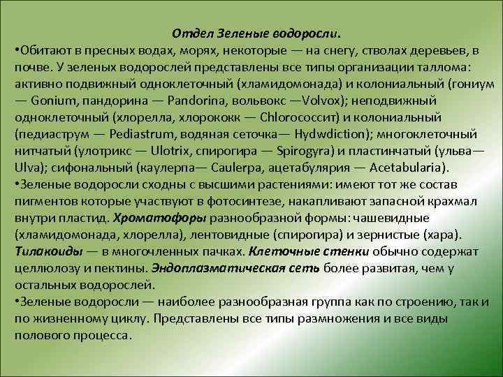 Отдел Зеленые водоросли. • Обитают в пресных водах, морях, некоторые — на снегу, стволах