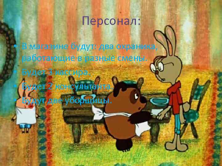 Персонал: • В магазине будут: два охраника, работающие в разные смены. • Будет 3