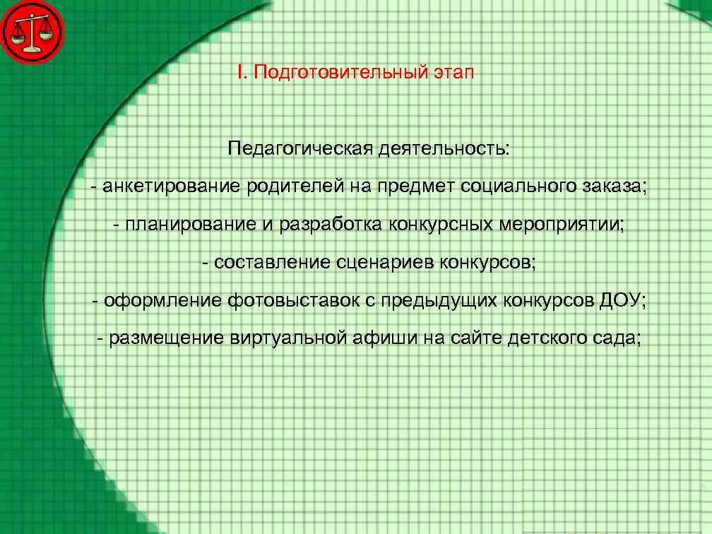 I. Подготовительный этап Педагогическая деятельность: - анкетирование родителей на предмет социального заказа; - планирование