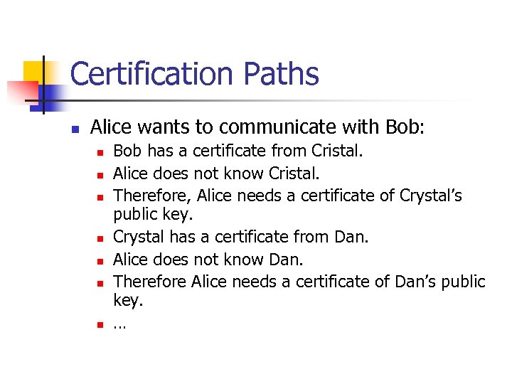 Certification Paths n Alice wants to communicate with Bob: n n n n Bob