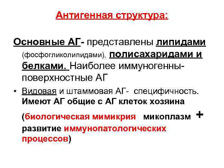 Антигенная структура: Основные АГ- представлены липидами (фосфогликолипидами), полисахаридами и белками. Наиболее иммуногенныповерхностные АГ •