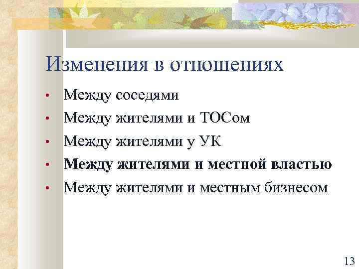 Изменения в отношениях • • • Между соседями Между жителями и ТОСом Между жителями