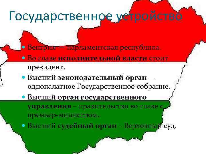 Государственное устройство Венгрия — парламентская республика. Во главе исполнительной власти стоит президент. Высший законодательный